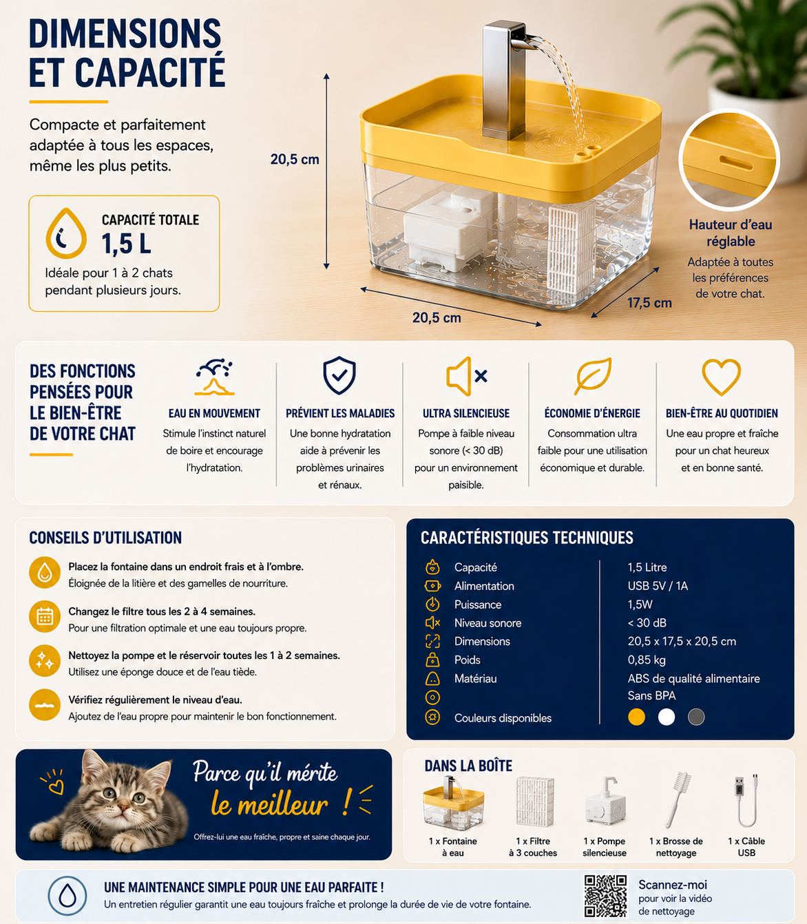 Fontaine à eau transparente pour chat – 1,5 L